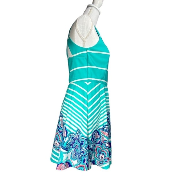 As U Wish Cut Out Skater Dress Mini Flare Stripe Floral White Teal Junior Large - Picture 10 of 16